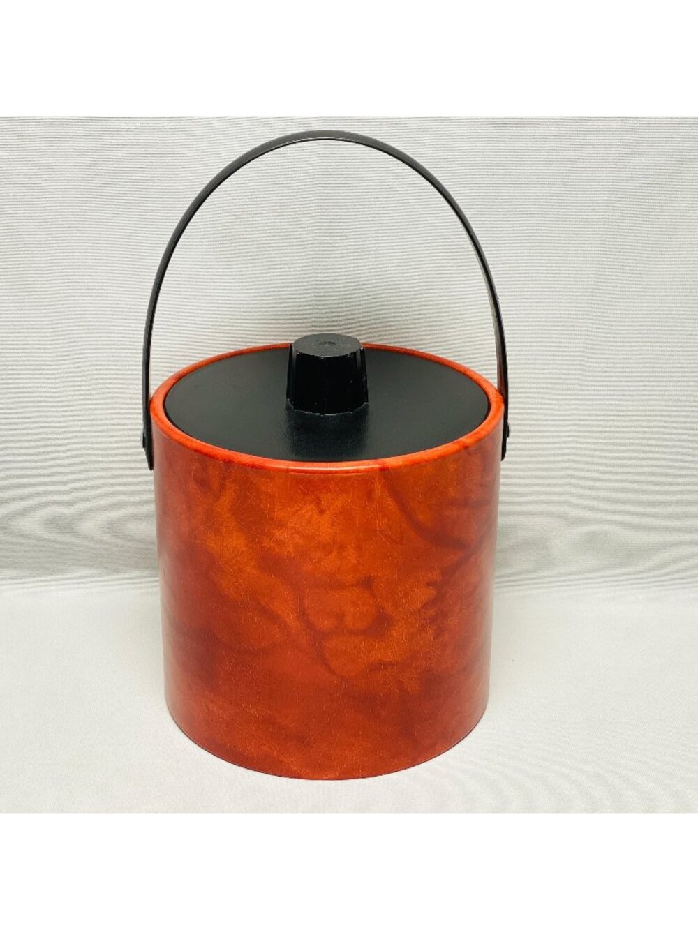 Mid-Century Modern Irvinware Ice Bucket - Orange-Brown Marble Vinyl Exterior